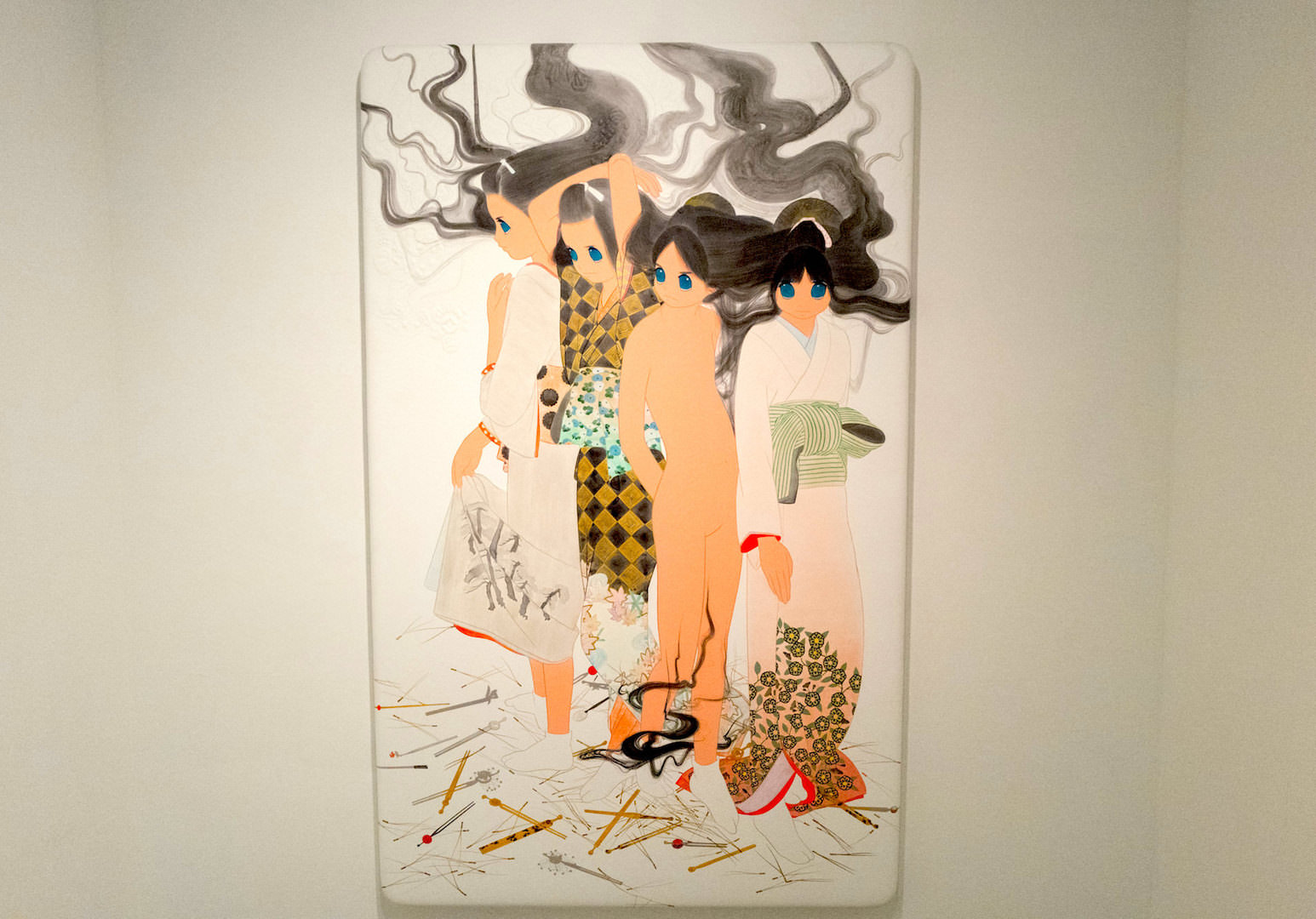 春でも秋でもない冬（haru demo aki demo nai fuyu）パネル、毛布、綿布、アクリル絵具 185×114×6cm 2014年