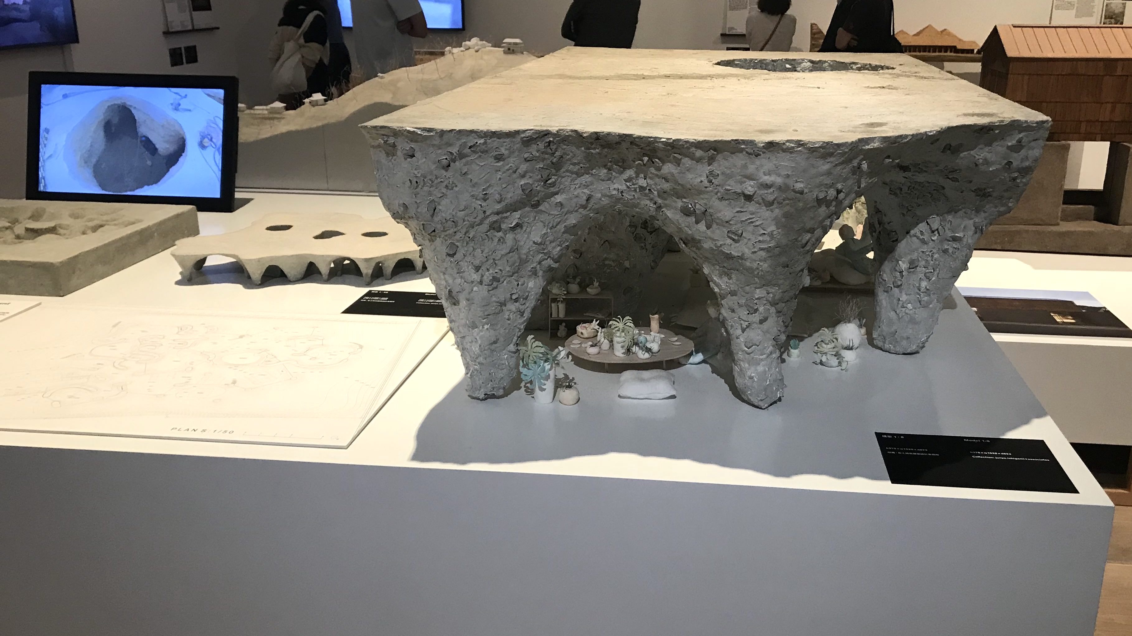 掘り返した土の中にコンクリートを投入して造る建築。ビデオと共に模型展示。