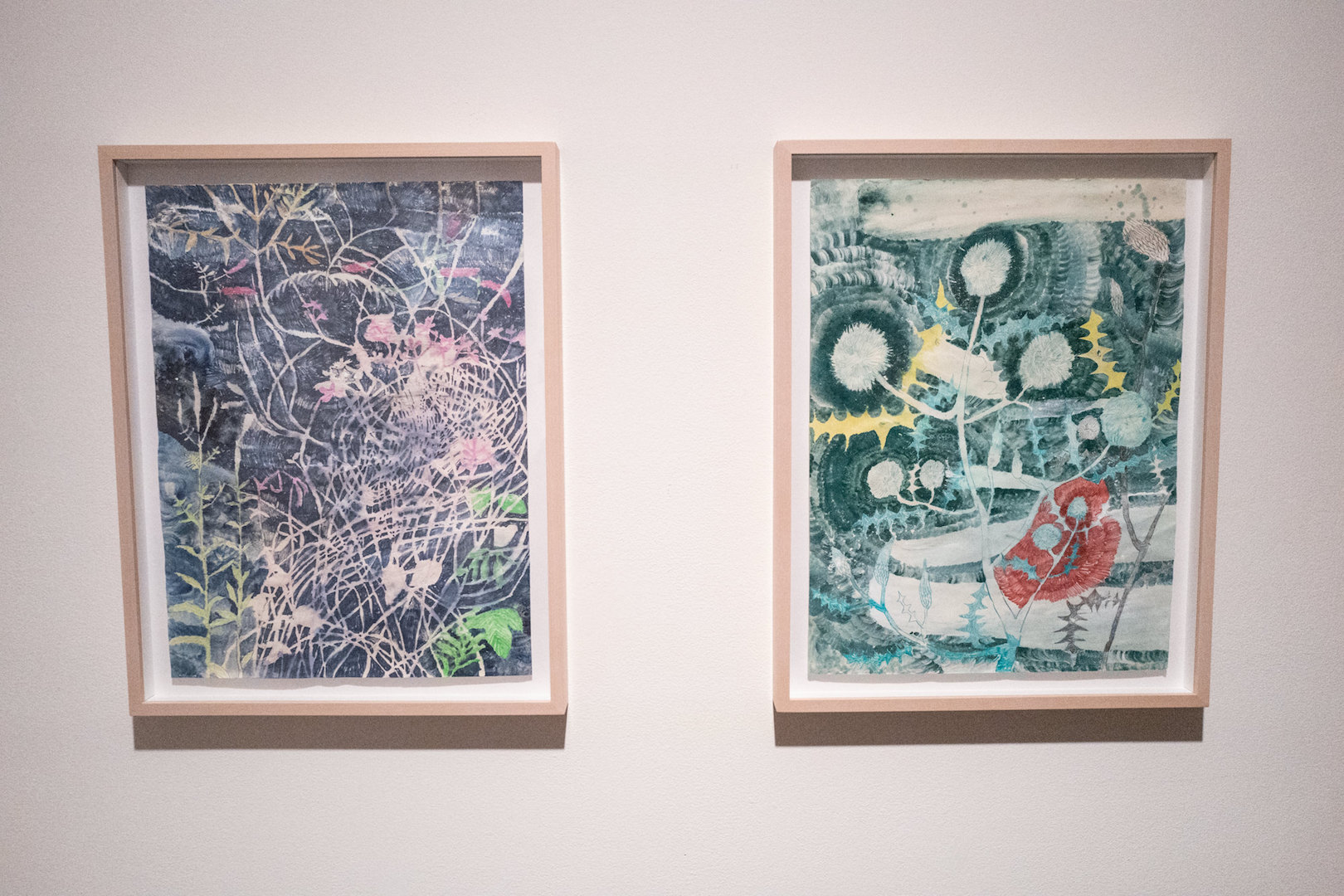 左「Sud Park」2016年、紙に顔料、色鉛筆、48x36cm 右：「アザミ」2016年、紙に顔料、色鉛筆、48x36cm