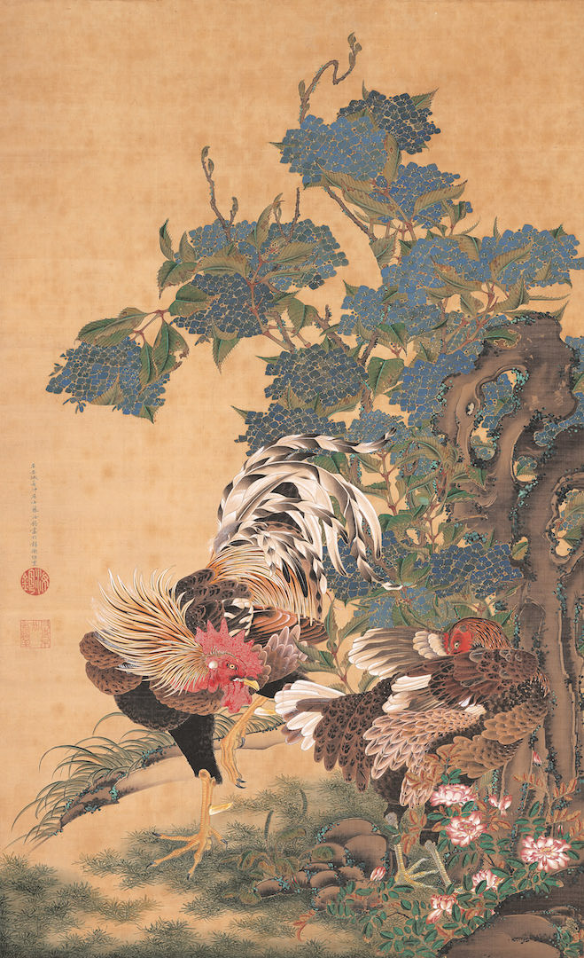 伊藤若冲 《紫陽花双鶏図》 絹本着色 一幅 139.4×85.1cm 江戸時代中期（18世紀） 米国・エツコ＆ジョー・プライスコレクション