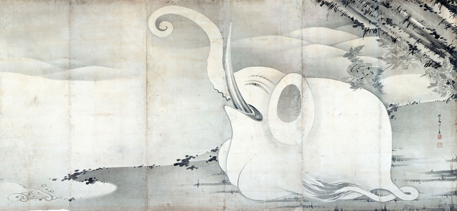 伊藤若冲《象と鯨図屛風》（右隻）紙本墨画 六曲一双 各159.4×354.0cm 寛政9年（1797） 滋賀・MIHO MUSEUM