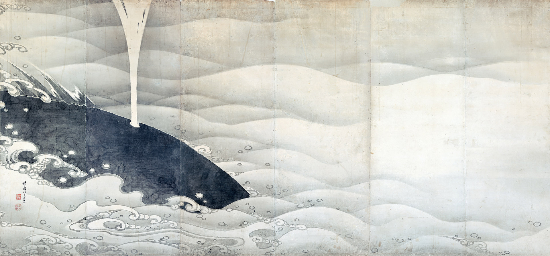 伊藤若冲《象と鯨図屛風》（左隻）紙本墨画 六曲一双 各159.4×354.0cm 寛政9年（1797） 滋賀・MIHO MUSEUM