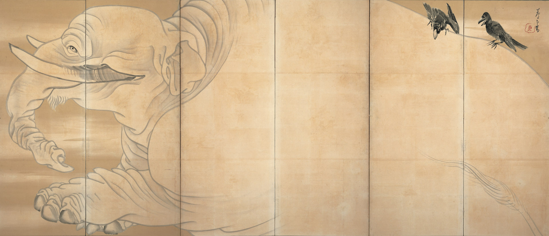 長沢芦雪 《白象黒牛図屏風》（右隻）紙本墨画 六曲一双 各155.3×359.0cm 江戸時代中期（18世紀） 米国・エツコ＆ジョー・プライスコレクション