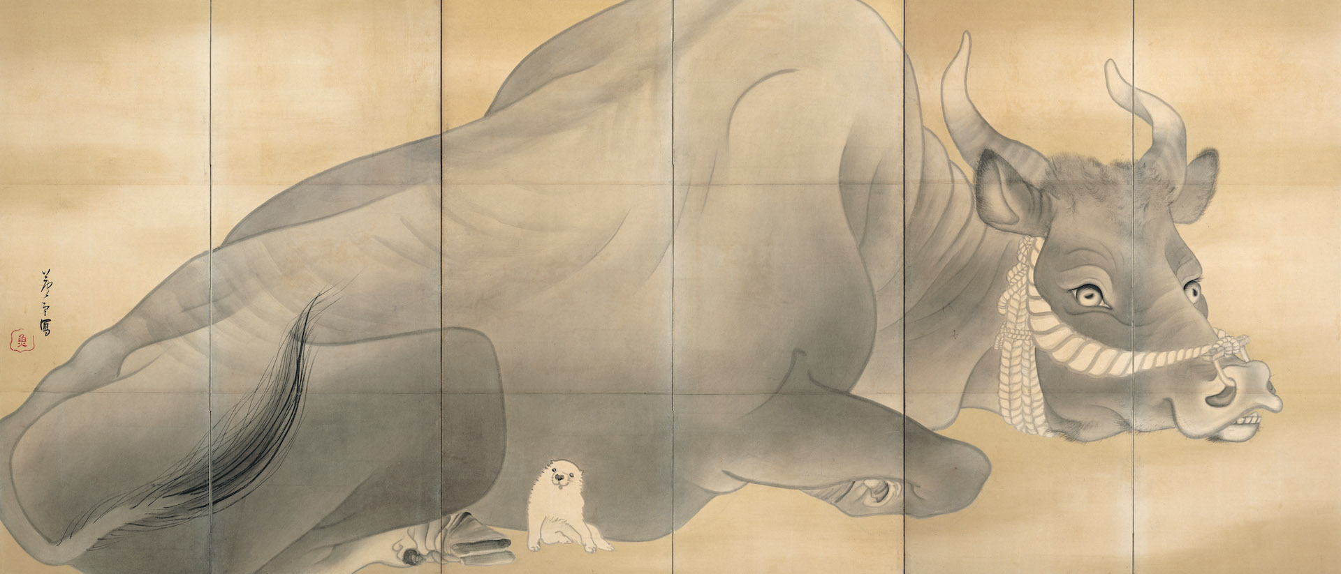 長沢芦雪 《白象黒牛図屏風》（左隻）紙本墨画 六曲一双 各155.3×359.0cm 江戸時代中期（18世紀） 米国・エツコ＆ジョー・プライスコレクション