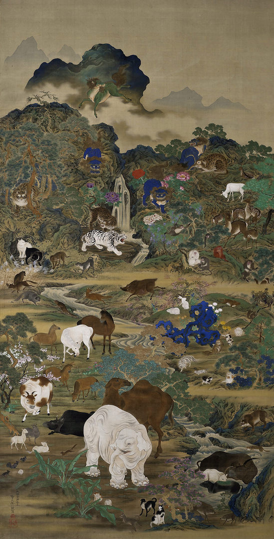 鈴木其一 《百鳥百獣図》（左幅）絹本着色 双幅 各138.0×70.7cm 天保14年（1843） 米国・キャサリン＆トーマス・エドソンコレクション