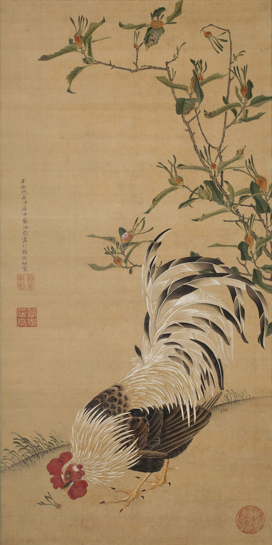 伊藤若冲 《梔子雄鶏図》 絹本着色 一幅 85.8×43.1cm 江戸時代中期（18世紀） 個人蔵