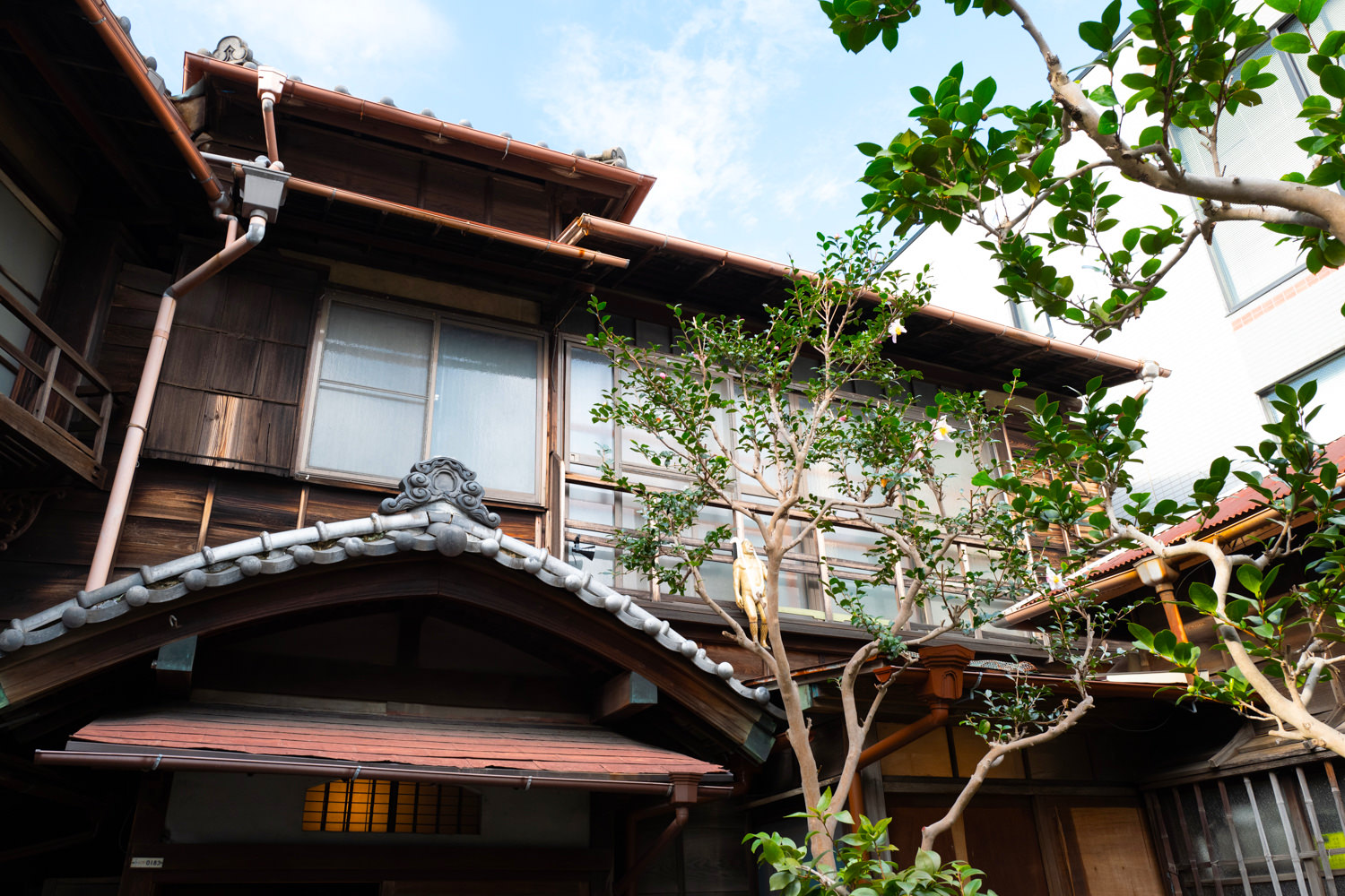 旧平櫛田中邸は古き歴史を感じる木造住宅です。2階のベランダにぶら下がっているのも作品です〜ねがみくみこ《夜の大三角》