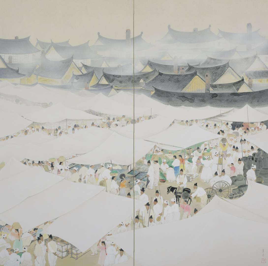 山口蓬春《市場》昭和7年（1932）東京藝術大学蔵 （©公益財団法人 JR 東海生涯学習財団） ＊第2期のみ