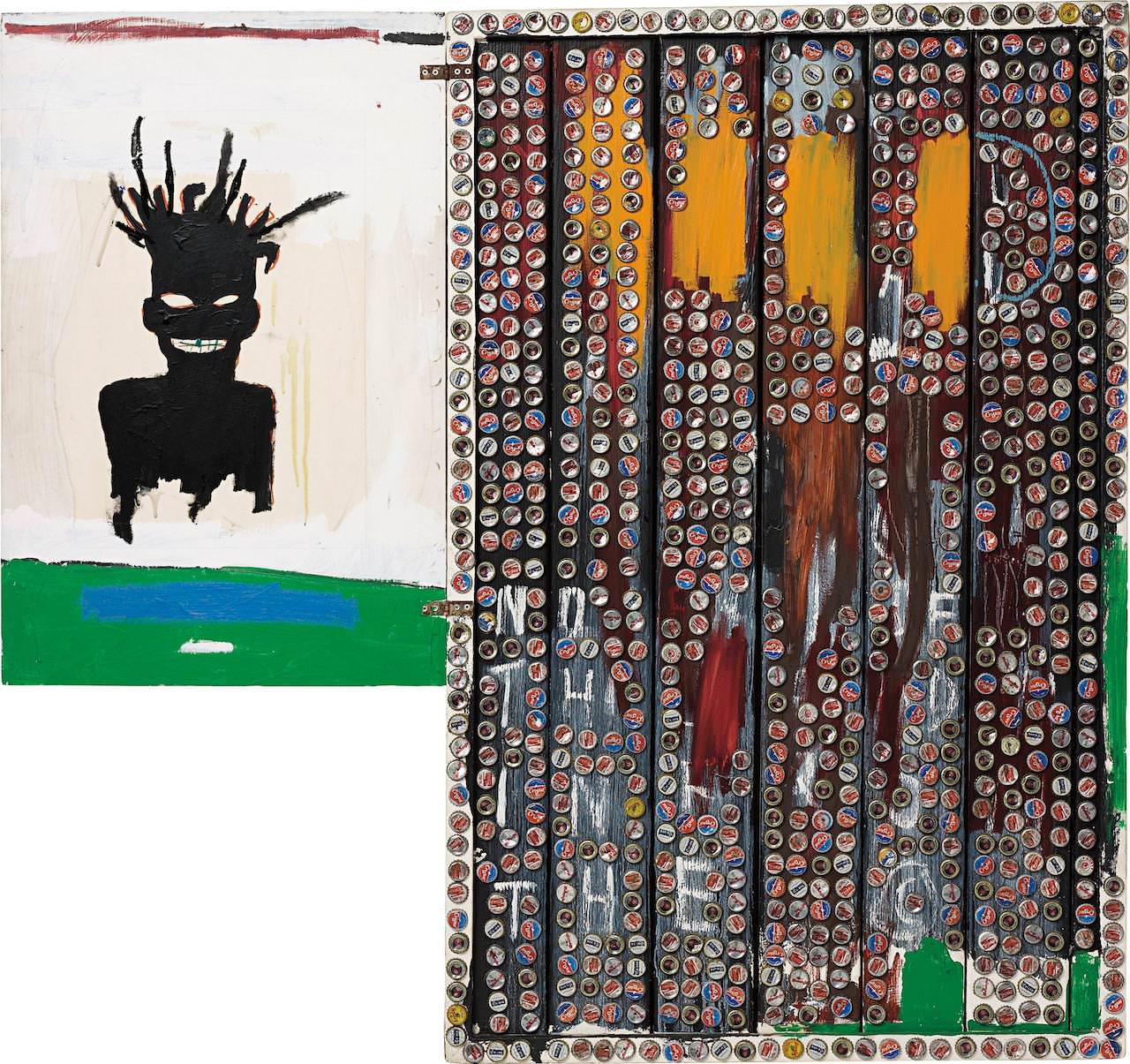 ??ャン＝ミシェル・バスキアSelf-Portrait, 1985Acrylic, oilstick, crown cork and bottle caps on wood141.9x153x14.9cmPrivate CollectionPhot…