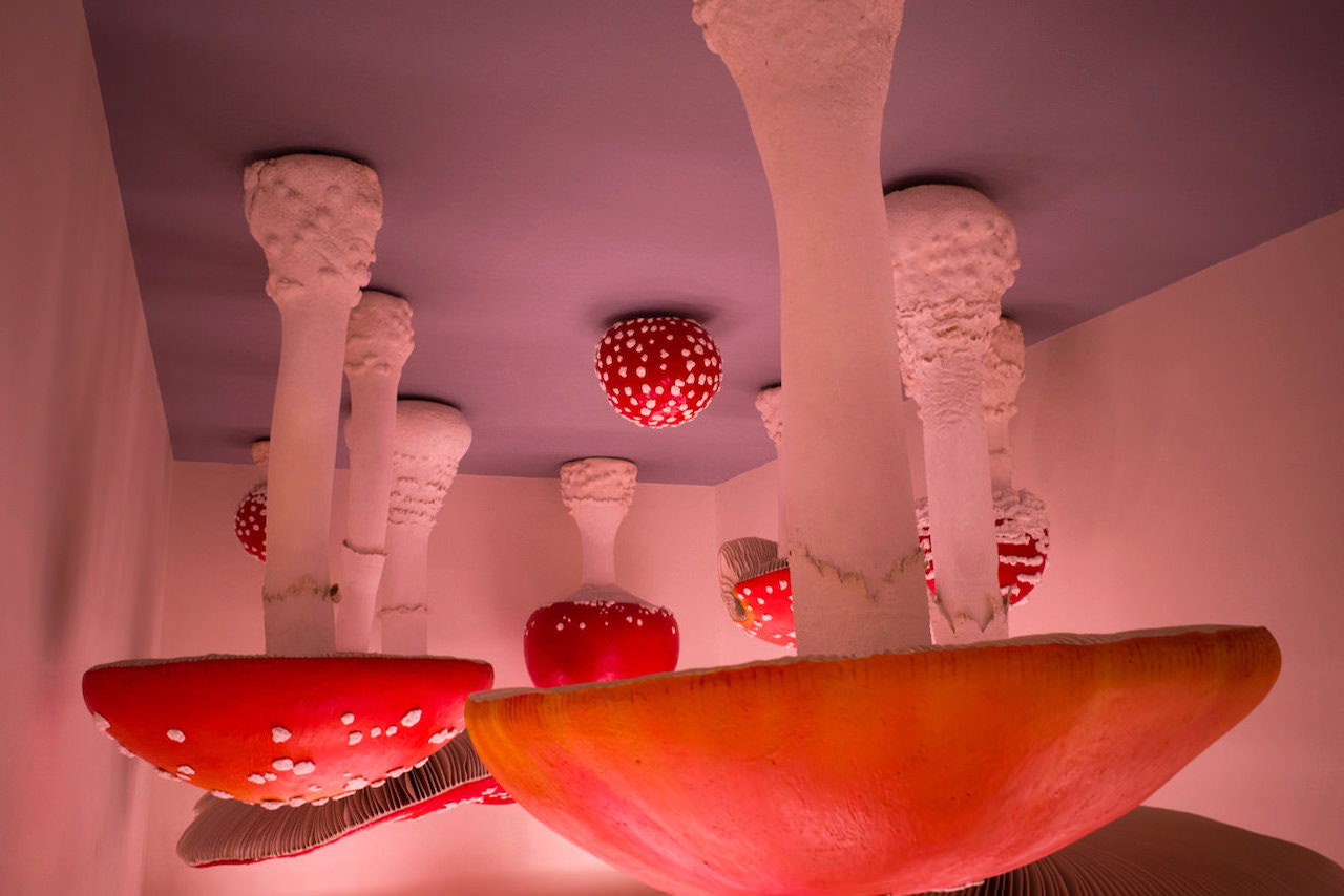 天井からぶら下がるキノコの部。カールステン・ホーラー(Carsten Höller)の作品。