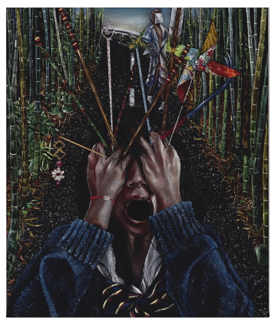 谷原菜摘子《何も見えない》 38.3cm×45.6cm 2019年 ベルベットに油彩、アクリル、グリッター、ラインストーン、スパンコール