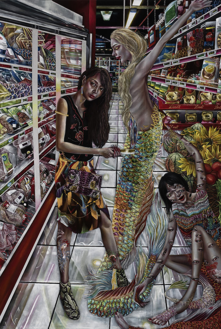 谷原菜摘子《審判》 194cm×130cm 2019年 ベルベットに油彩、アクリル絵の具、オイルパステル、グリッター、ラインストーン、金箔