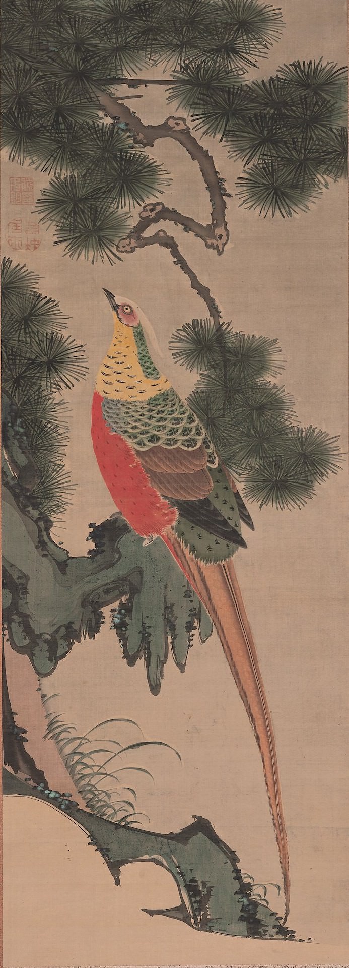 伊藤若冲《鳥禽図》 江戸時代・18世紀 絹本著色 120.0×43.3cm 滋賀県立琵琶湖文化館 展示替え予定あり