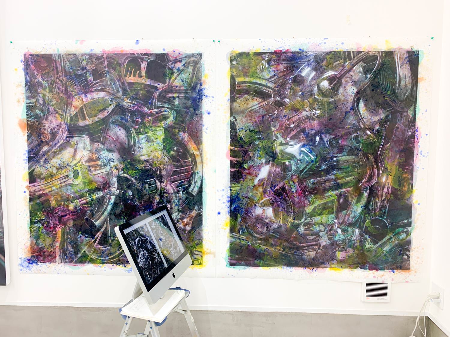 制作風景〜転写された支持体に絵の具で下地を描いている段階。進捗度で10％程の初期段階です。