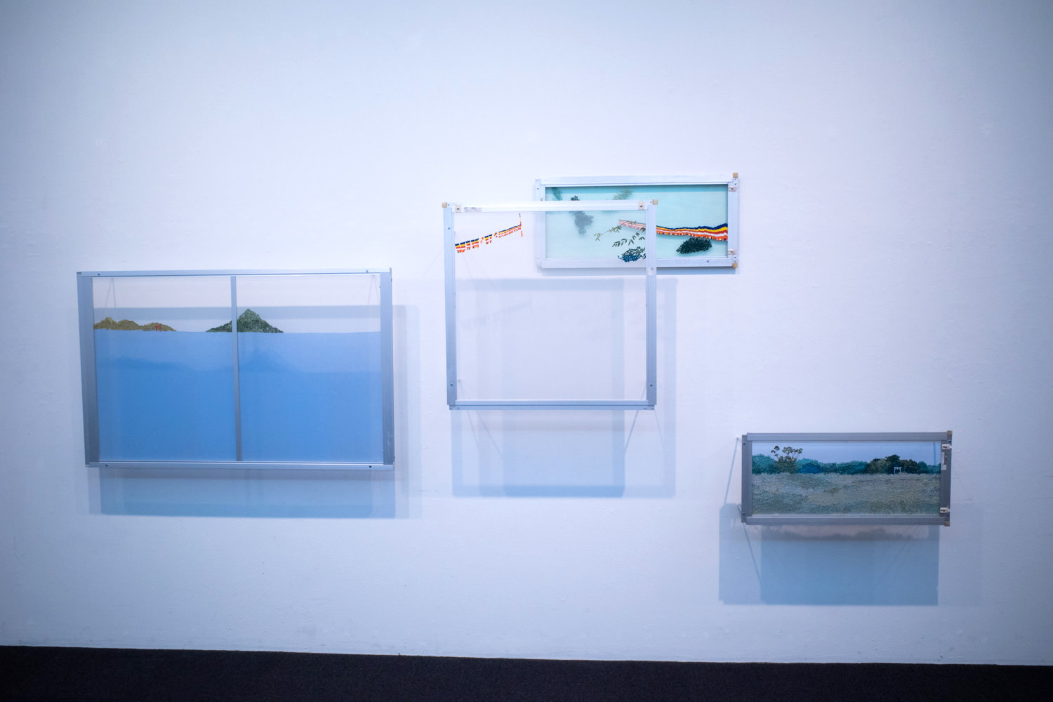Mariko Tachihara, "Itsuku-shima," "On the Road to Kagayama," "Landscape with Utaki," embroidery thread, window screen