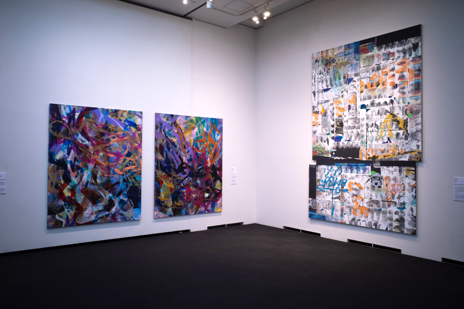 Left: Natsuko Tanaka, "ANDROGYNOS #1," "ANDROGYNOS #2," acrylic on canvas Right: Rui Mizuki, "Shigam #5," mixed media
