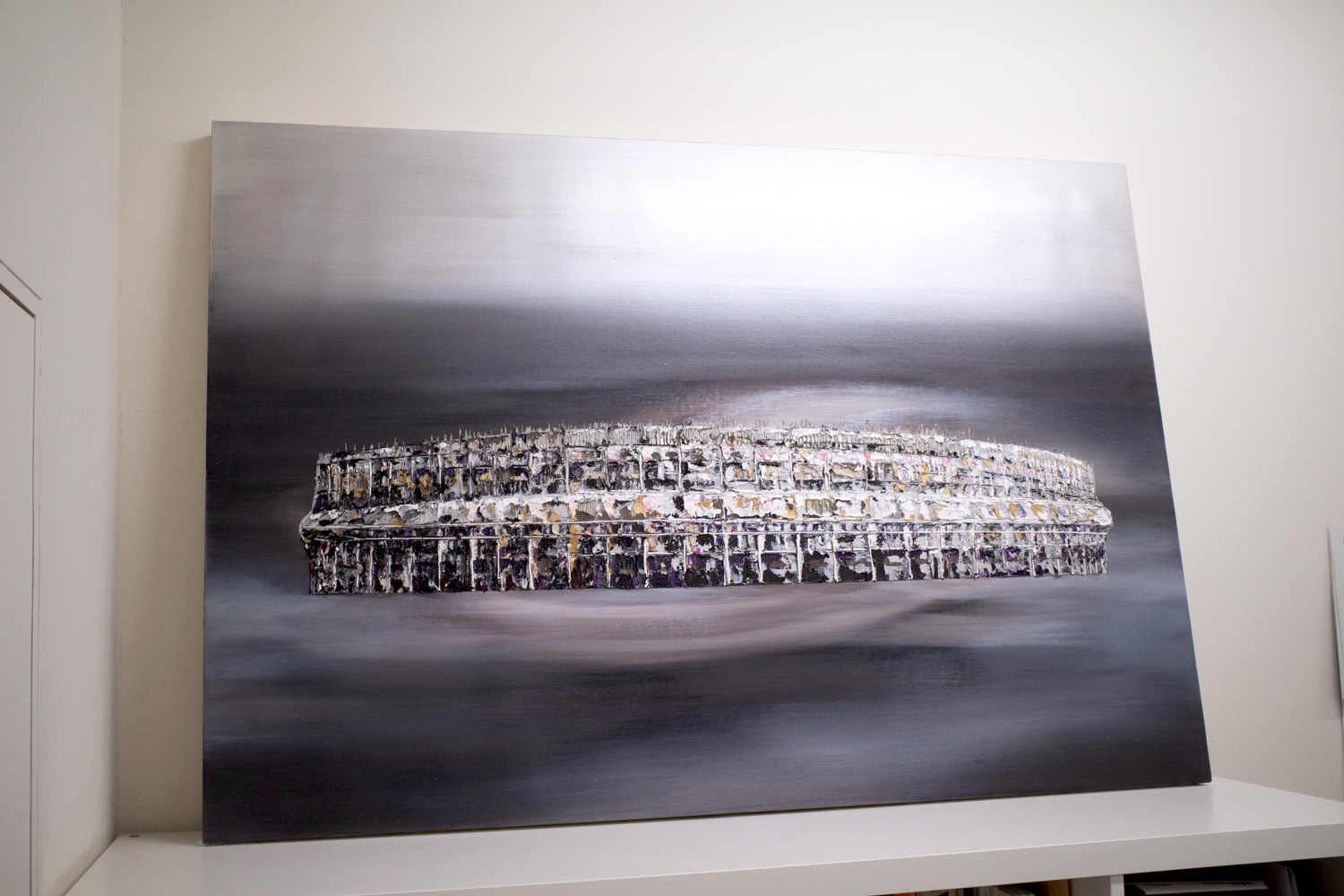 西川茂≪Sealed House 100 -New National Stadium-≫oil, graphite metal pouder on canvas, panel 2019年