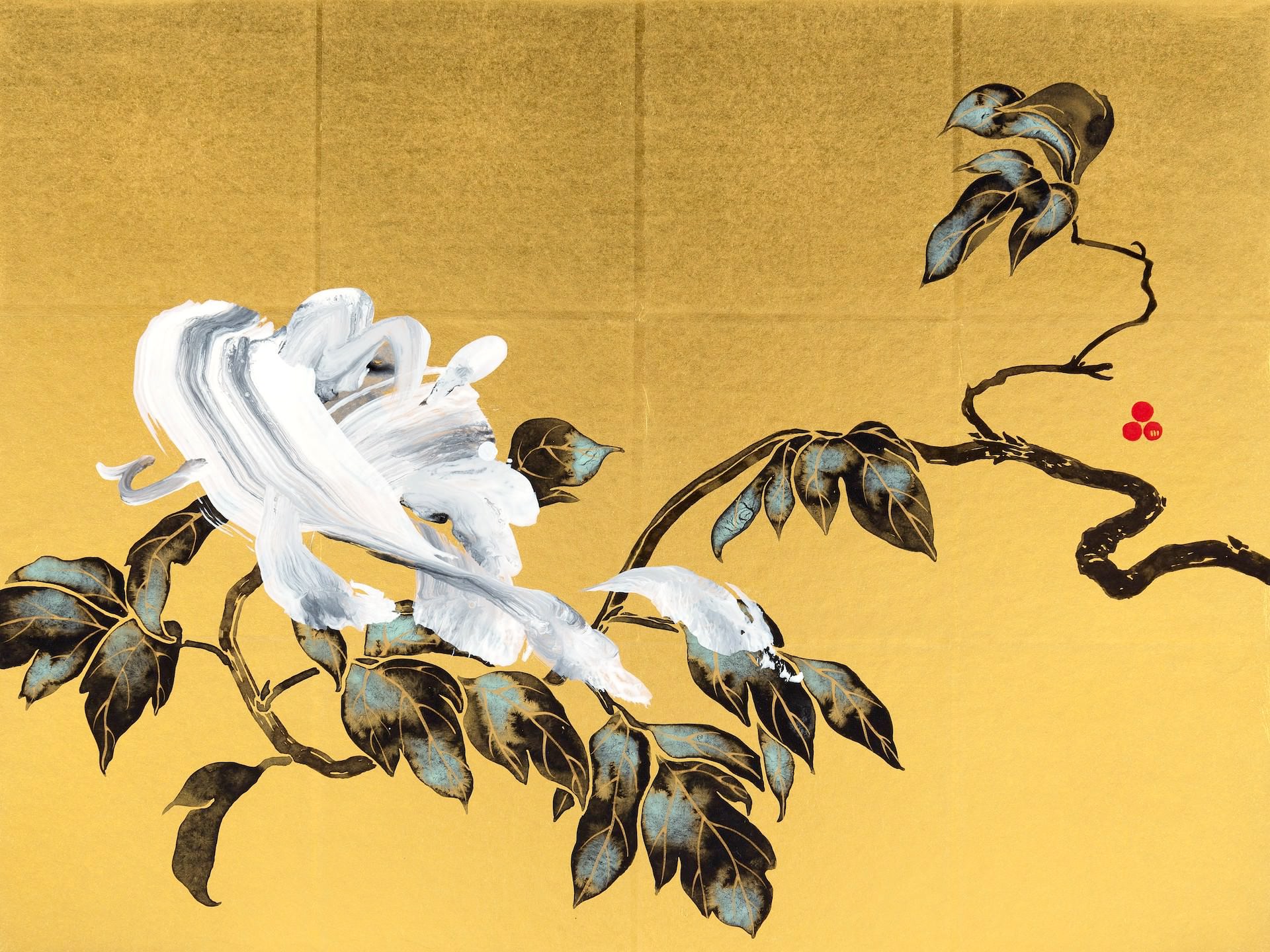品川亮《牡丹》2020年 375×500×40mm 顔料、墨、金箔、膠、アクリル、和紙、木製パネル ※展示外作品