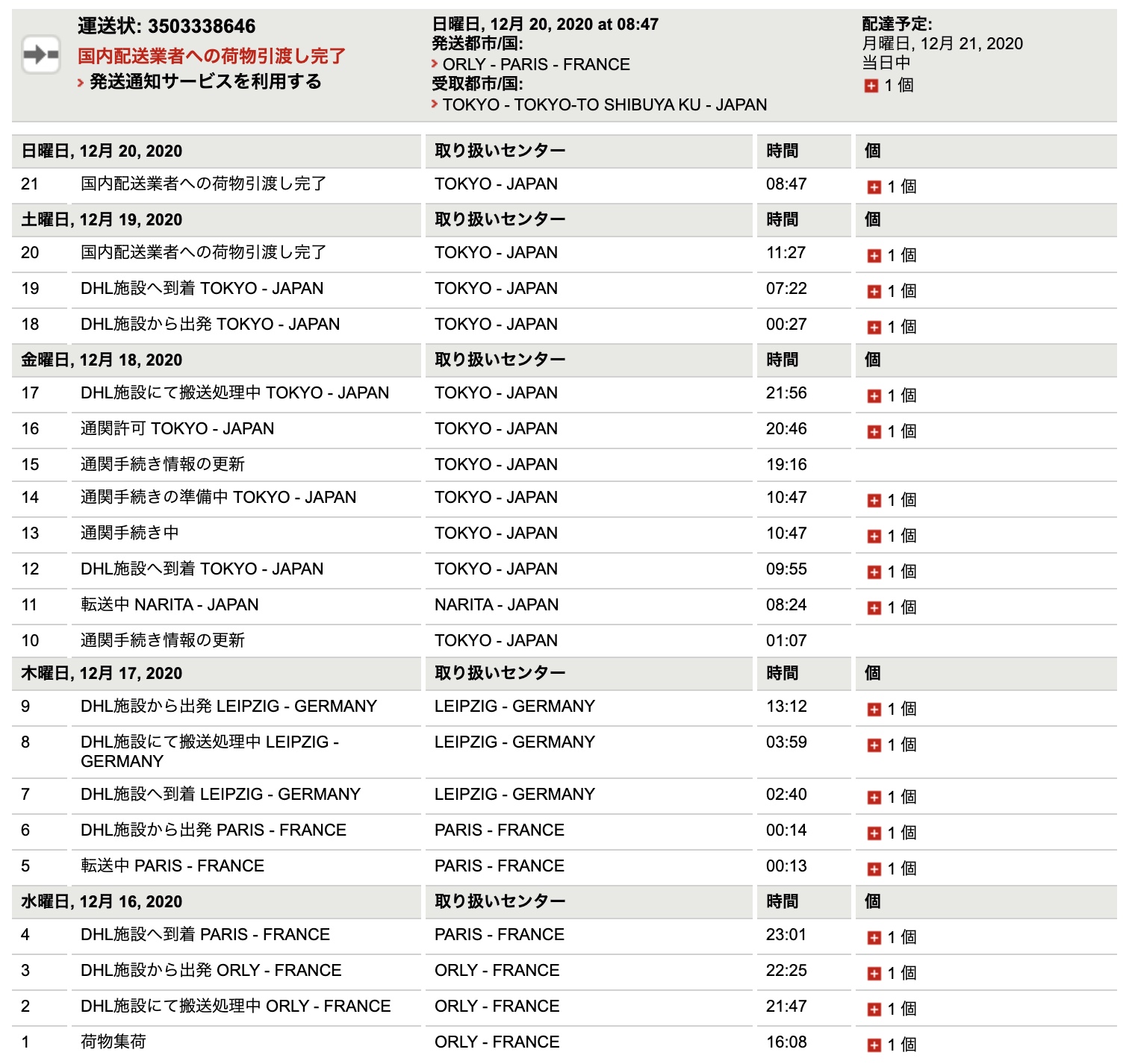 DHLの管理画面で追跡が可能です