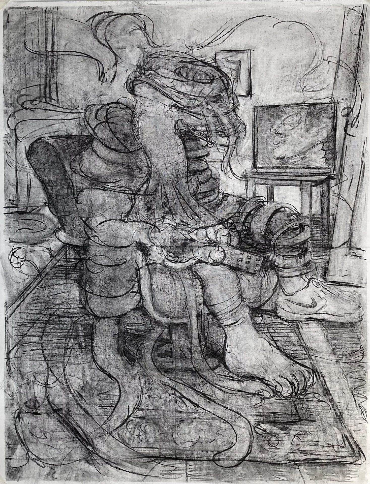 Adrian Ghenie 《Figure with Remote Control 2》 2022 charcoal on paper 130cm×100cm