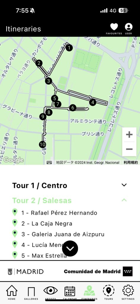 Arte Madridのアプリでは、エリアごとにギャラリー間の推奨ルートが掲載