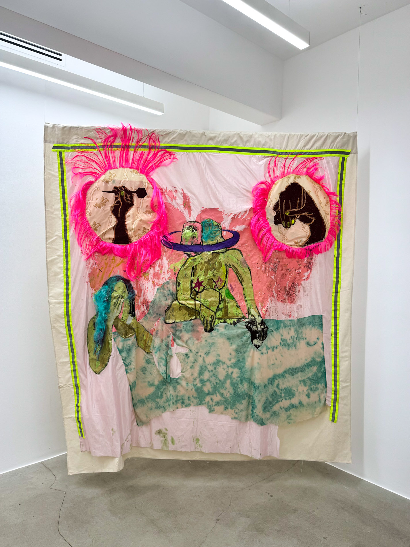 Nyika yenyama nemweya (The Universe of Flesh and Spirit), 2025 acrylic, wigs and mixed fabrics on canvas 230 x 216 cm