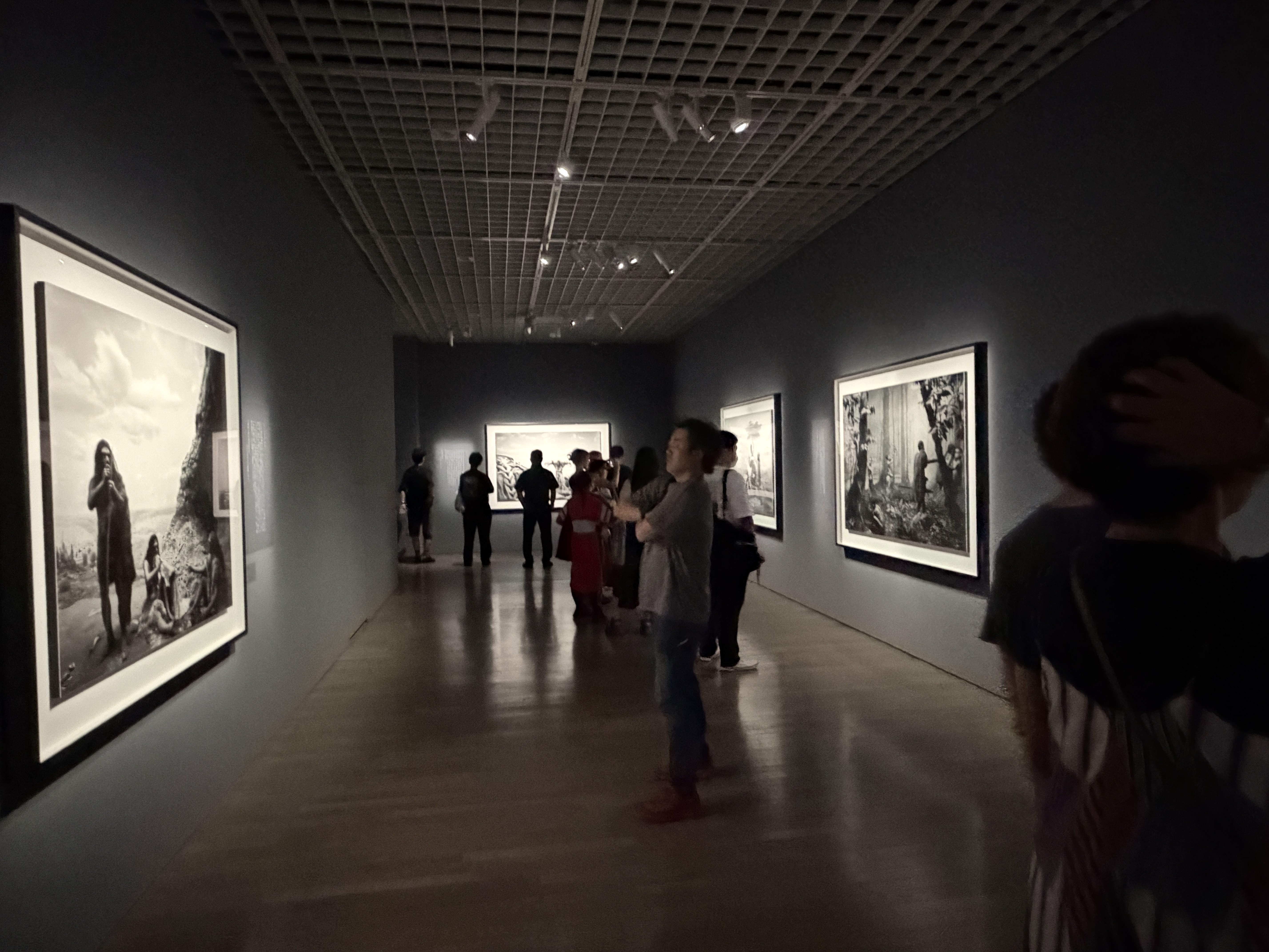 奥へ続く展示室で、両側の壁に大きな写真が掛けられ鑑賞者が見入っている